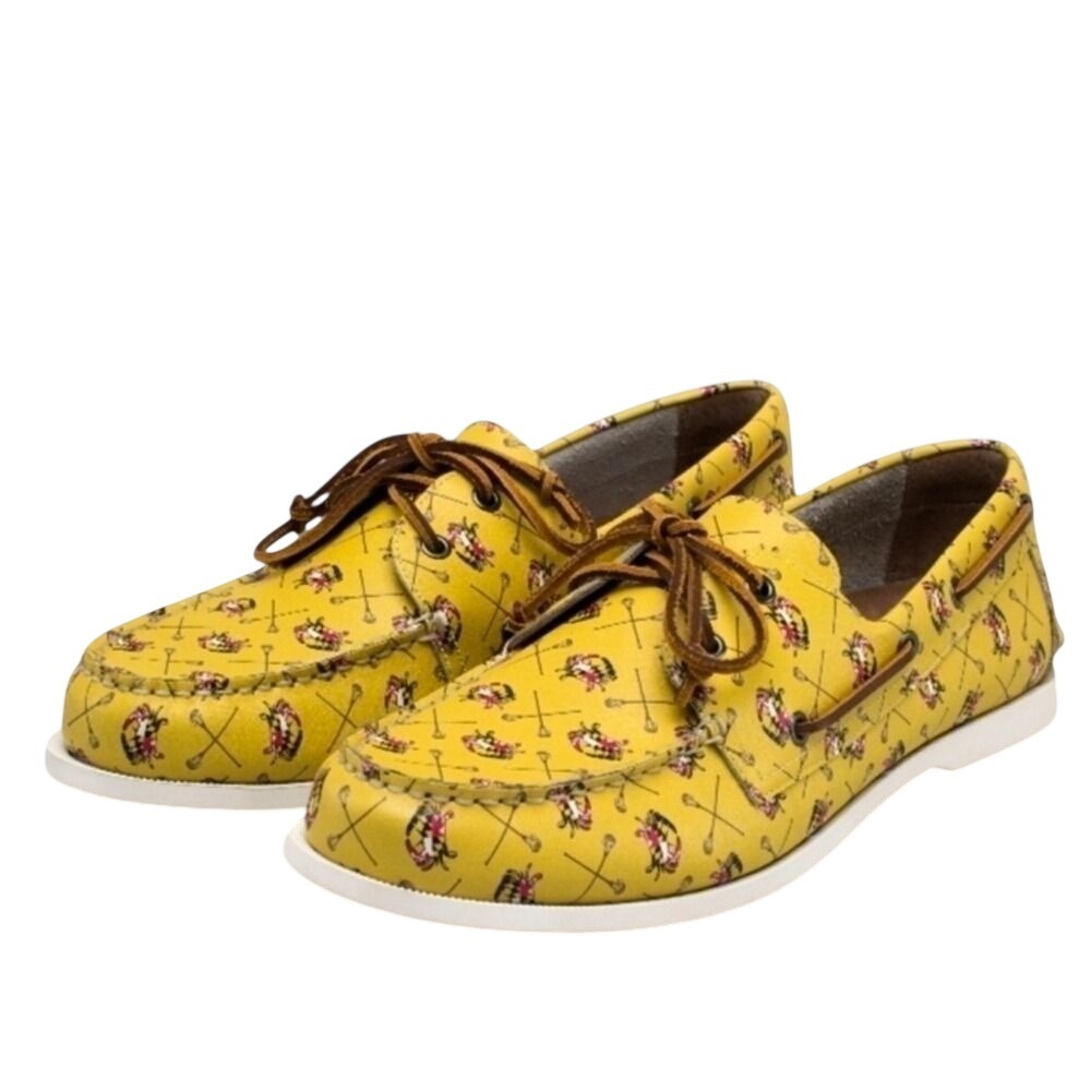 Froats Boat Shoes Mens 6 Yellow Leather Crab Lacrosse Print Nautical Loafers‎